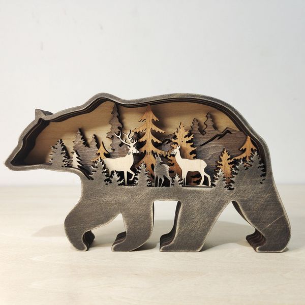 AGGIORNAMENTO Orso Christams Cervo Mestiere 3D Taglio laser Legno Decorazioni per la casa Regalo Arte Artigianato Giocattolo Foresta selvaggia Decorazione da tavola per animali Orso Statue Ornamenti Decorazione della stanza