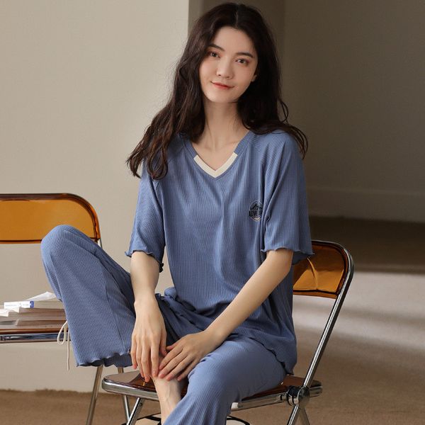 

women's sleepwear women pajama sets short sleeve trousers modal large size lace sweet home clothes korean lady pijamas suit -2xl, Black;red