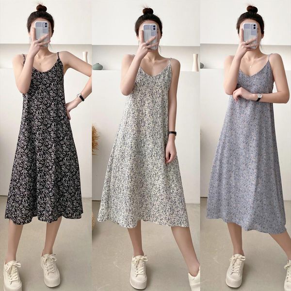 

summer spaghett strap chiffon women dress sleeveless vintage print v neck camis a line, Black;gray