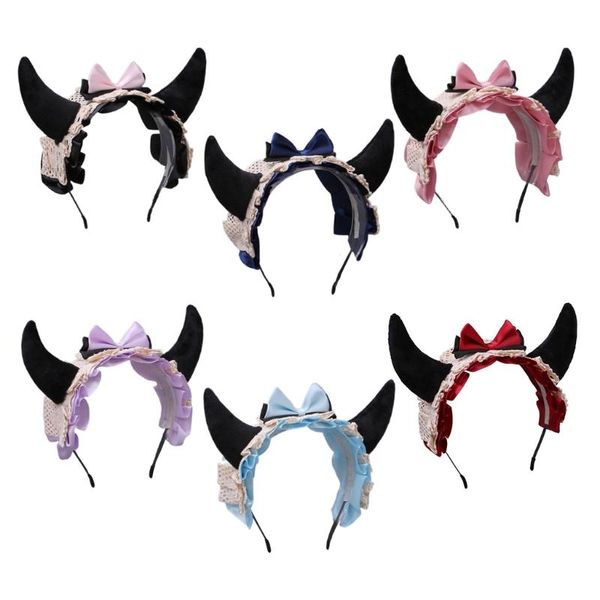 

hair accessories kawaii lolita headband ox devil demon horns lace hoop ruffled satin ribbon bowknot anime cosplay bandana headwear