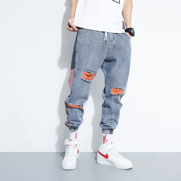 

shattered jeans mens fashion washed contrast casual jean pants men streetwear loose hip hop trousers pants mens -5xl, Blue