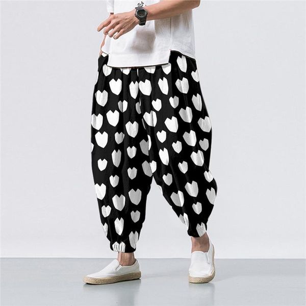 

men's pants oversize 6xl summer white love heatr printed casual beach harem men hip hop nine points trousers jogger sweatpants, Black