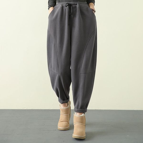 

pants autumn winter arts style women elastic waist thicken warm loose all-matched casual cotton solid harem pants plus size v143 e4ku, Black;white