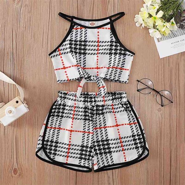 

summer children sets casual sleeveless o neck plaid printting shorts 2pcs girls boys clothes set 1-8t 210629, White