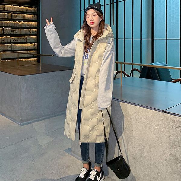 

women's vests winter casual mid long waistcoat for women sleevless warm hooded ladies vest jacket with pockets down cotton padded femal, Black;white