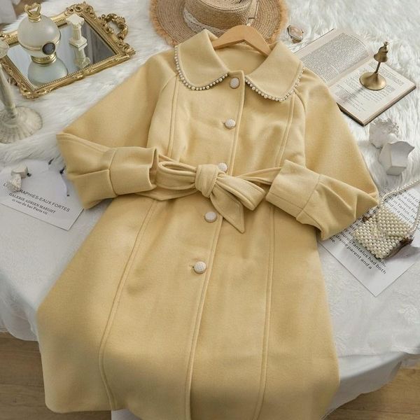 

women's wool & blends 2021 winter coat midi length korean fashion pure color jacket button up long sleeve sweet kawaii outwear bandage, Black