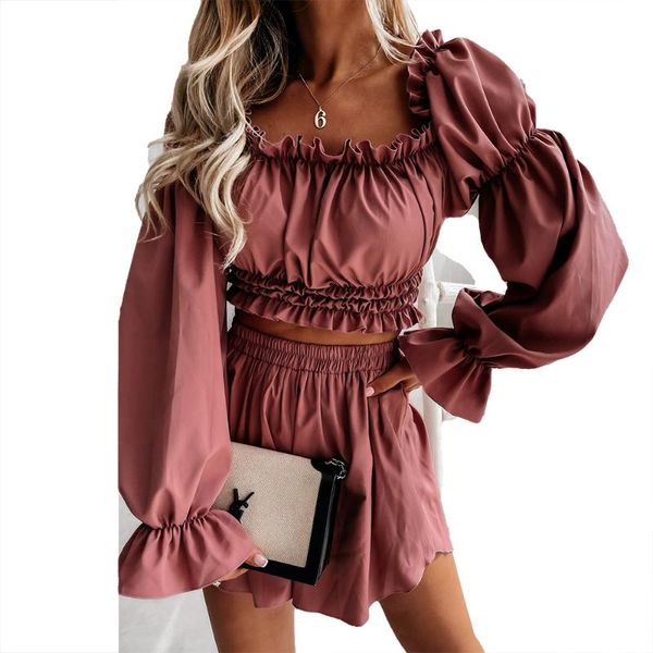 

women's tracksuits mid waist pullover with lotus leaf sleeves casual 2021 spring summer open back shoulder satin two piece suit, Gray
