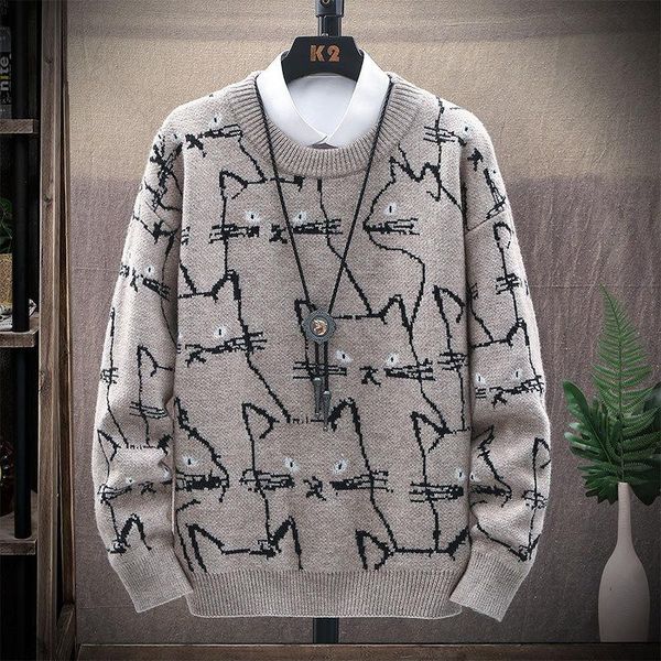 

men's sweaters mens winter casual cartoon cat pattern men pullover fit knitted round neck male funny sweater thicken warm kitten cute, White;black