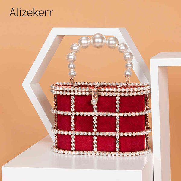

evening bags luxury pearls rhinestones handbag women designer elegant metal cage velvet evening clutch purse chic hollow out shoulder bags 2