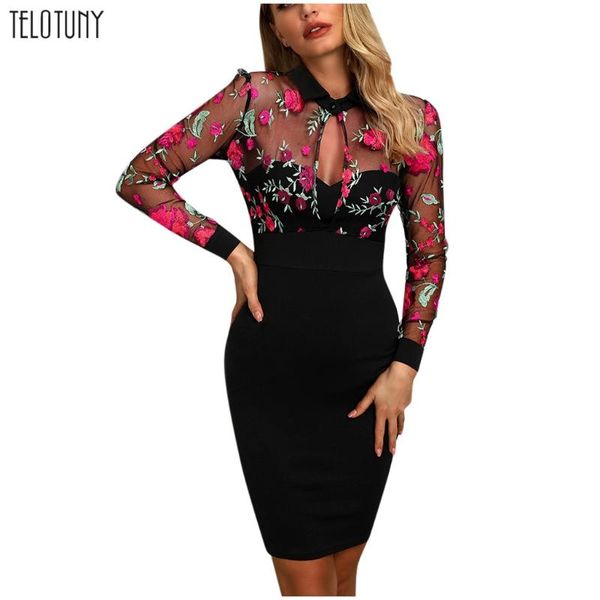 

maternity dresses telotuny women long sleeve sheer mesh floral embroidery dress patchwork bodycon casual work vestidos, White