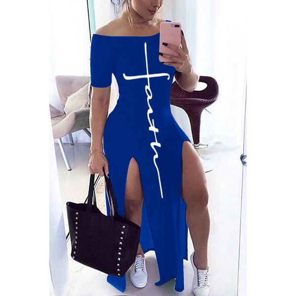 

women off shoulder split maxi dress letter fall winter pattern 2020 short sleeve sheath casual fashion club long dresses, Black;gray
