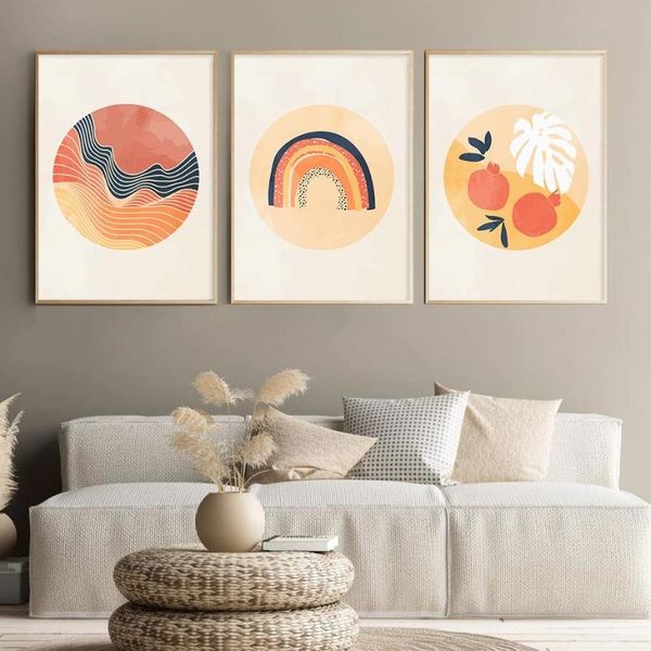 

paintings boho yellow orange waves stripes wall art canvas painting rainbow leaves posters and prints pictures living room home decoration