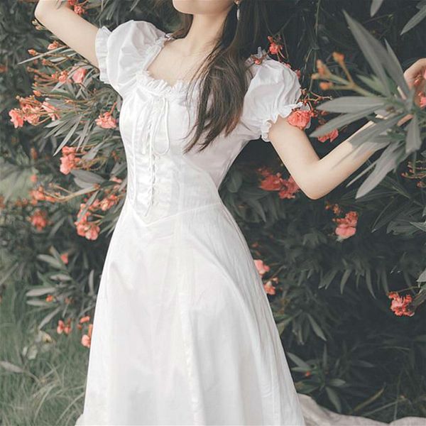 

casual dresses french vintage midi women summer elegant square collar puff sleeve white fairy retro korean 3r7q, Black;gray