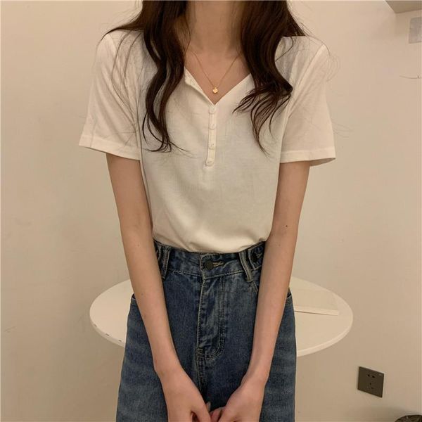 

women's t-shirt t shirt womens summer button solid simple casic short female v neck slim thin sleeve korean tees t-shirts femme, White