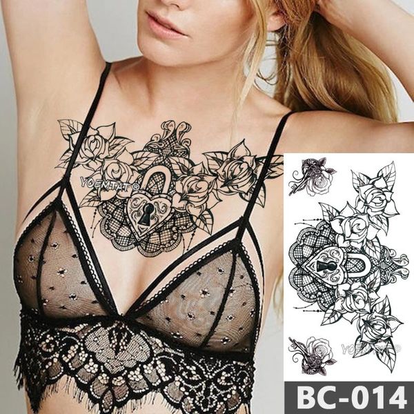 

temporary tattoos 1 sheet chest body tattoo waterproof jewelry heart-shaped lock rose lace pattern decal waist art sticker