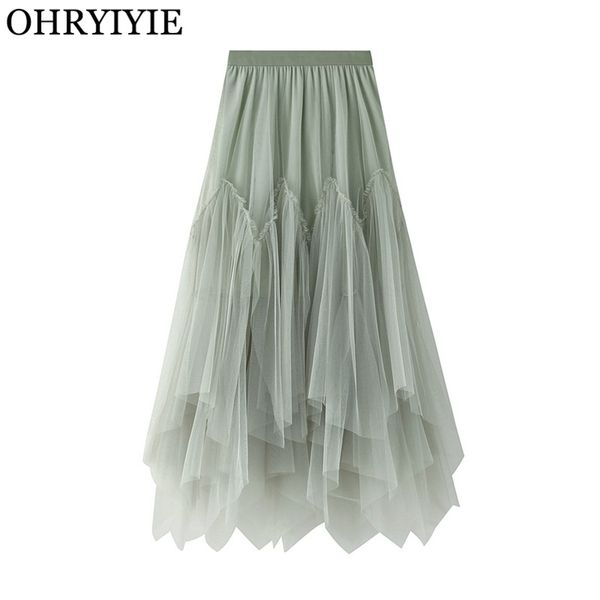 

ohryiyie women irregular long tulle skirts ladies high waist ankle-length tutu maxi beige green female faldas jupe femme 210621, Black