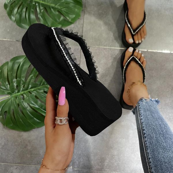 

slippers rubber flip flops shoes low hawaiian hoof heels rome cotton fabric, Black
