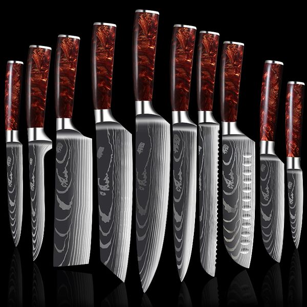 Chef faca conjunto laser damasco japonês cozinha cutlery acessórios profissionais cutelo afiado steak santoku utilitty slicing cozinhar ferramenta resina alça