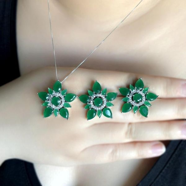 

earrings & necklace luxury big flower jewelry sets for women multicolor stones cubic zirconia elegant pendant stud cz wedding party, Silver