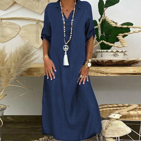 

casual dresses women's solid denim v-neck roll sleeve button loose long dress summer fashion vintage vestidos feminina robe, Black;gray