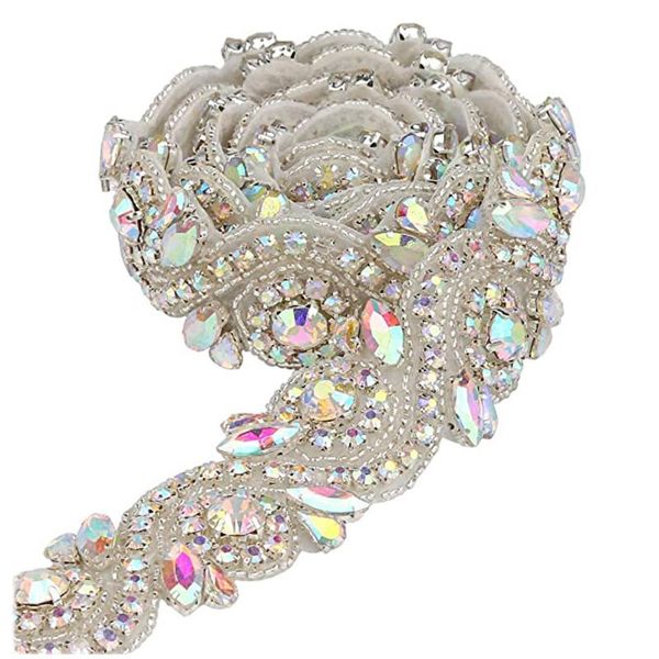 

wedding sashes wholesale silver ab motif rhinestone chain trim for dress belt embellishment crystal metal applique, White