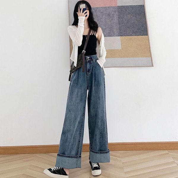 

women's jeans 2021 autumn women streetwear loose straight jean pant high waist long oversized fashion pocket korean denim trousers e389, Blue