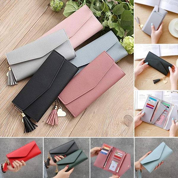 

leather womens long zipper coin purse trendy heart shape pendant multi function wallet female money credit card holder, Red;black