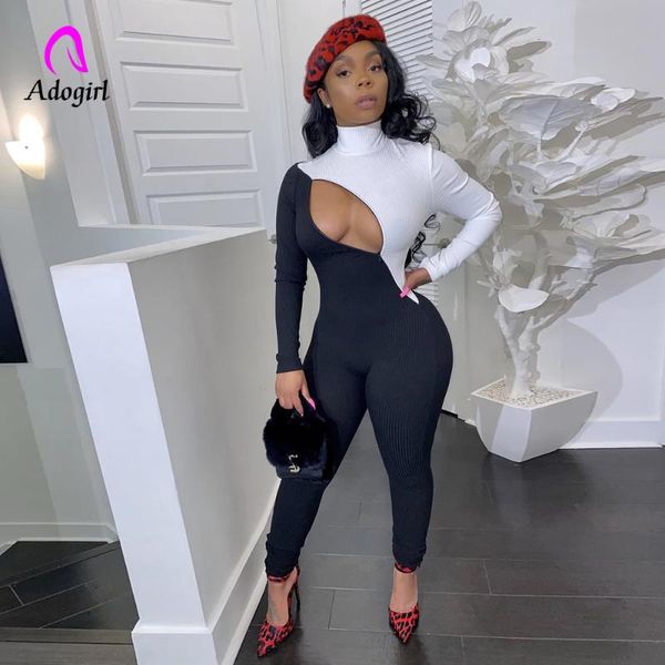 

women's jumpsuits & rompers fitness 2021 winter women contrast color jumpsuit zipper up ribbed turtle neck femme long sleeve stretchy, Black;white
