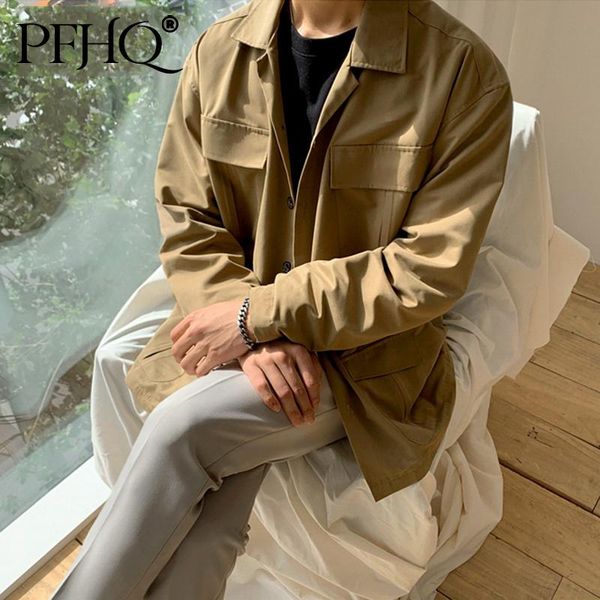 

men's jackets pfhq men coat autumn korean fashion handsome workwear multi pocket clothes casual single breast solid color jacket 21d453, Black;brown