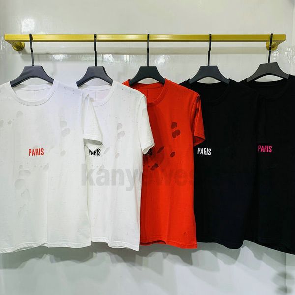 

new arrival luxury europe paris broken holes t shirt two layer fabric tshirt men women big letter print t shirt designer tshirts cotto, White;black