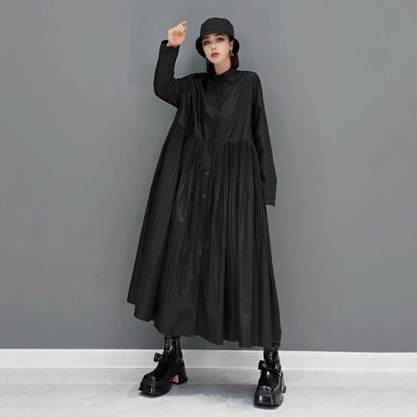 

casual dresses pleated splicing large size dress fashion solid color loose stand collar long sleeve 2021 autumn women, Black;gray
