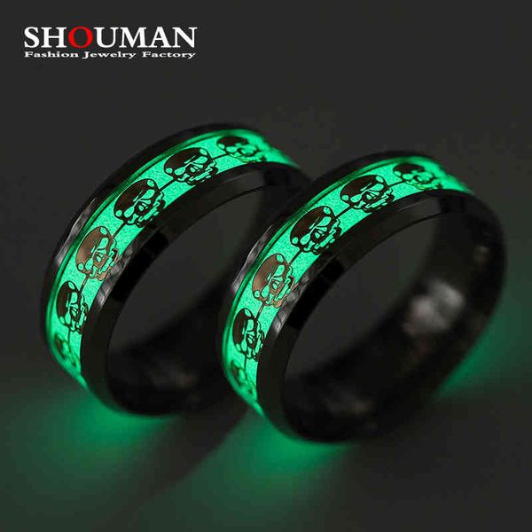 

designer rings shouman stainless steel punk skull luminous for women men fluorescent glowing inlay skeleton jewelry, Golden;silver