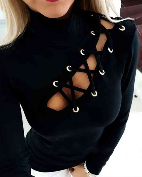 

women hollow out slim fit long sleeve casual round neck shirt solid black blouse, White