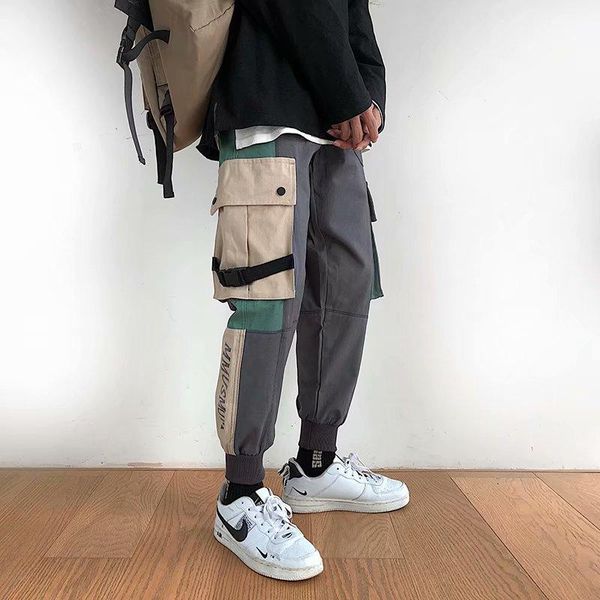 

men's pants chrleisure hip black color patchwork cargo harem pant streetwear harajuku jogger sweatpant trousers men 2021