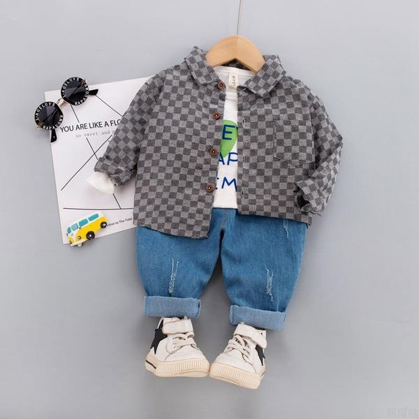 

clothing sets 3pcs/set kids clothes boys shirts children outwear casual designer jeans plaid pants coat roupa infantil pra menino, White
