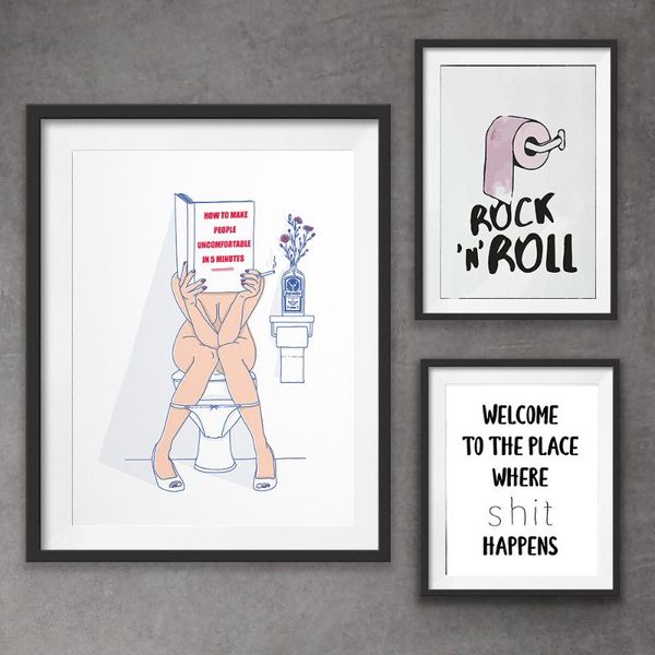 

paintings modern toilet woman canvas prints rock music fun bathroom picture poster fashion roll paper painting home decor frameless