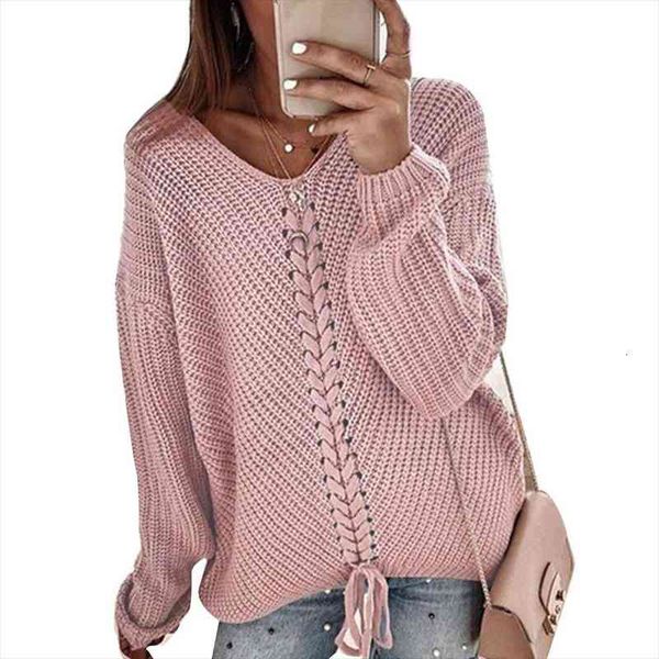 

fashion women solid color v neck long sleeve drawstring casual knitted sweater womens clothing pull femme, White;black