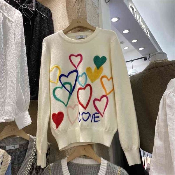 

spring women lovely sweater o-neck colorful candy color heart embroidery knitwear slim all-match pullover femme 210520, White;black