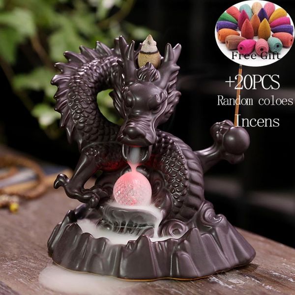 

home decor 7-color change incense burner handmade ceramic dragon backflow creative smoke waterfall holder fragrance lamps