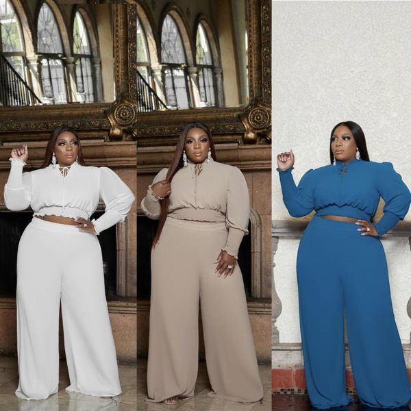 

women's two piece pants solid color women plus size sets autumn 2021 o-neck lace-up pullover high waist wide-leg casual outfits, White