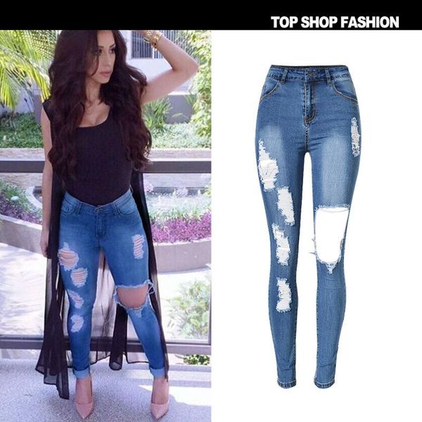 

women's jeans style selling high elastic waist cultivate morality cowboy foot trousers torn holes have big yards, Blue