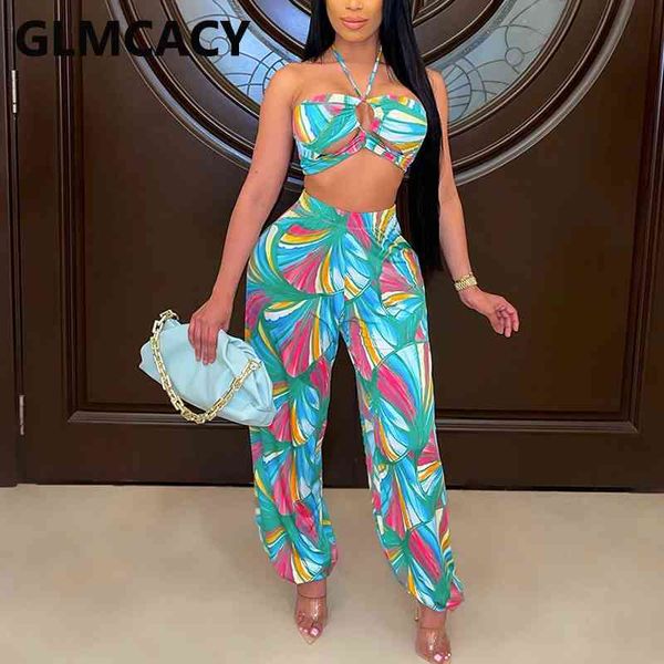 

two piece tropical printed summer suits halter crop & loose pants set 210702, White