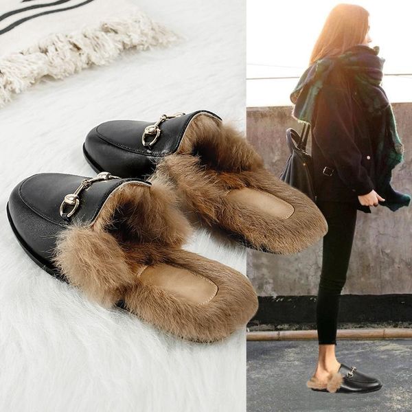 

hairy slippers women's outer wear baotou half mules shoes 2021 fur all-match, Black