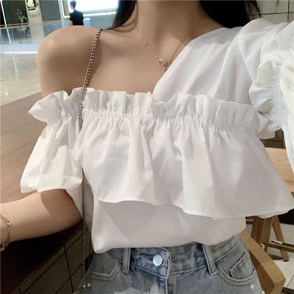

lucyever off shoulder chiffon blouse women summer ruffles one shoulder flare sleeve shirt woman korean loose ladies 210521, White