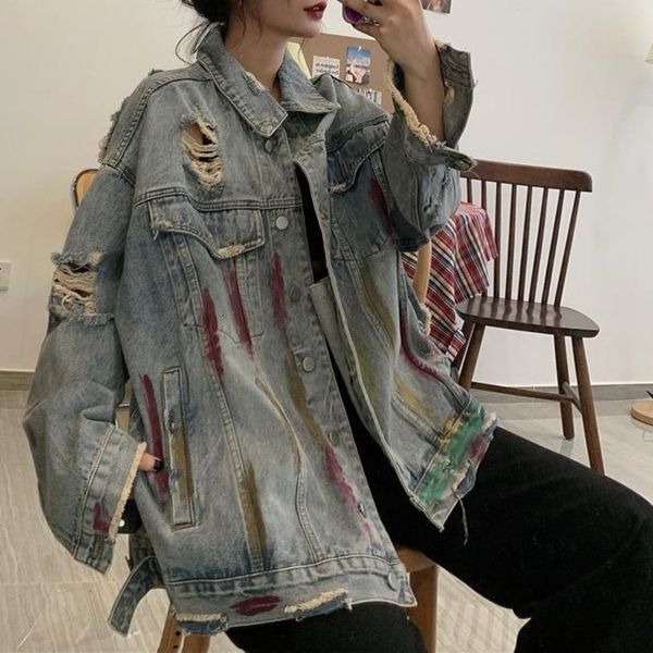 

women's jackets jean jacket autumn harajuku graffiti homeless hole streetwear vintage loose clothing basic outwear coat orsi, Black;brown