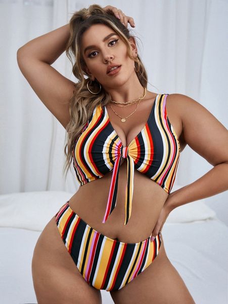 

plus striped knot front bikini swimsuit 946c#, Black