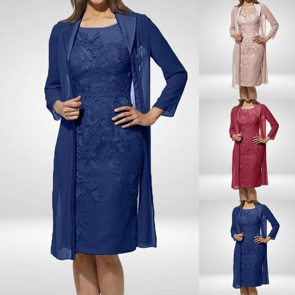 

casual dresses 2pcs/set women dress embroidery pattern lace design long sleeve round collar style breathable with cardigan home wear, Black;gray