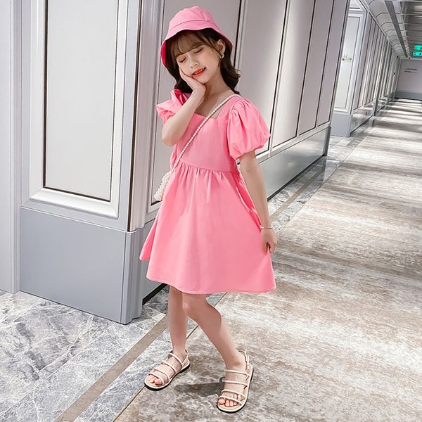 

dresses for girls puff sleeve girls dresses solid color children party dresses casual style childrens costumes for girls, Red;yellow