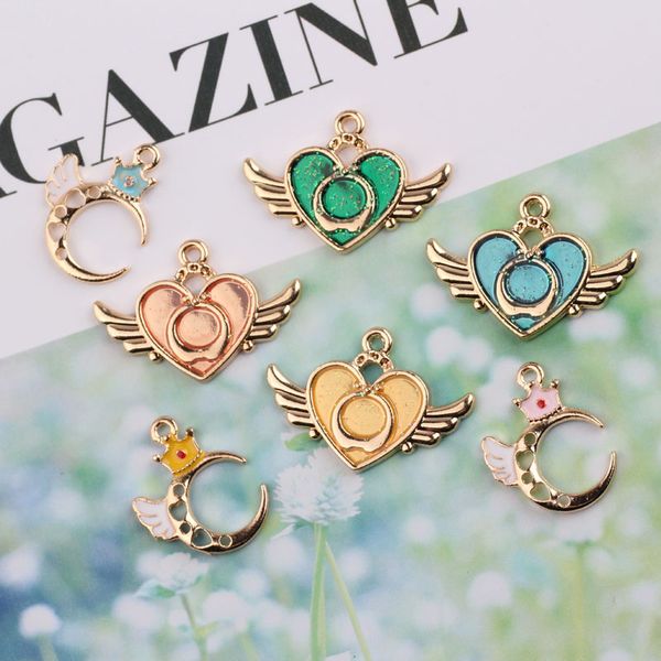 

10pcs colorful enamel crown moon angel wings charms heart wings pendant for women girls diy dangle earrings jewelry accessories, Bronze;silver