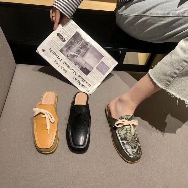 

spring and summer online red tide toe cap semi slipper flat square laces muller shoes slippers, Black